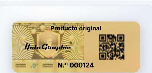 Diseño terminado: logo, texto, código QR y consecutivo sobre el fondo holográfico